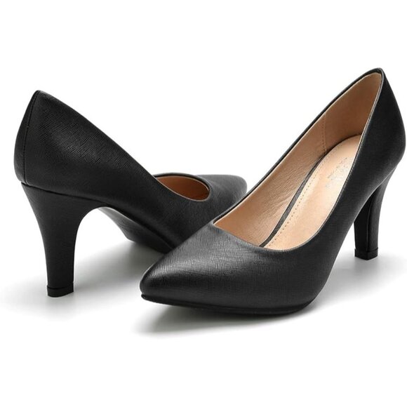 Women Black Pointed Toe Heels Pumps For Classic Faux Leather Comfortable Shoes - Picture 2 of 8